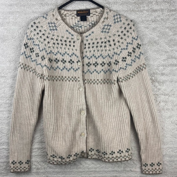 Vintage WOOLRICH Cardigan Sweater Stone Fair Isle Made in Hong Kong Medium - Picture 1 of 16